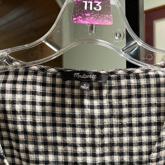 EUC Madewell Small Black& White Checkered Blouse V-neck, Short Sleeves #113 - Picture 2 of 4